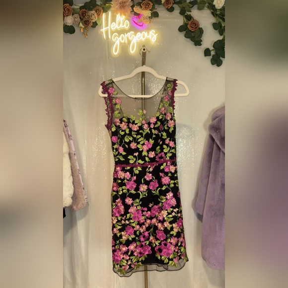 NWOT Marchesa Notte Black & Pink Sleeveless Embroidered Cocktail Dress - Picture 5 of 7